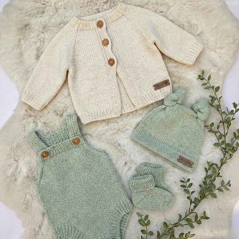 Handmade Knitting Baby Set – Cardigan Romper Hat & Booties | Newborn Baby Shower Gift Outfit