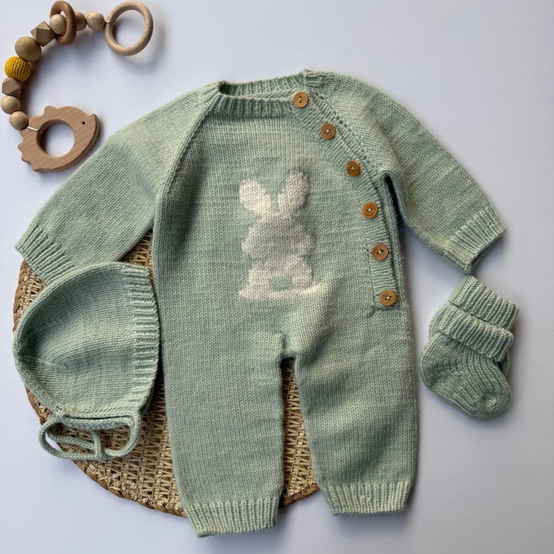 Handmade Newborn Knit Set – Romper, Bonnet & Socks | Bunny Motif Baby Winter Outfit