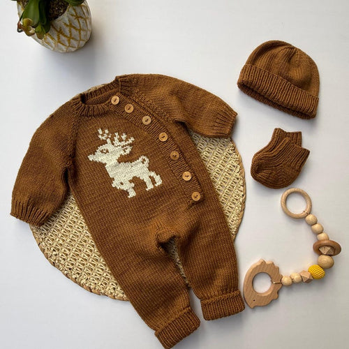 Handmade Brown Knit Baby Romper Set – Deer Winter Outfit with Hat & Booties | BebekCozy Newborn Knitwear