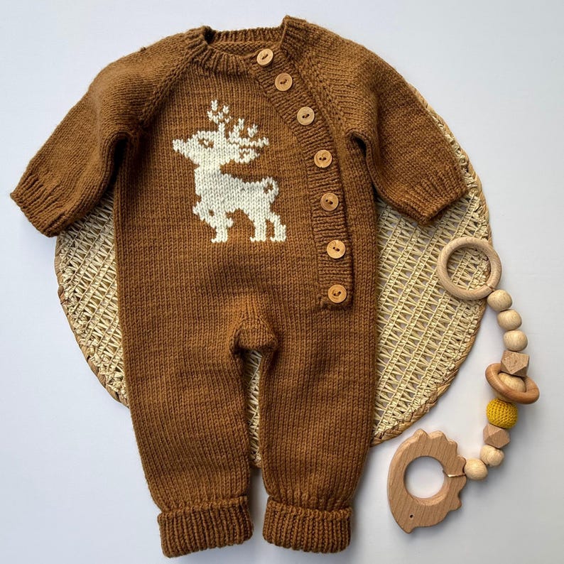 Handmade Brown Knit Baby Romper Set – Deer Winter Outfit with Hat & Booties | BebekCozy Newborn Knitwear
