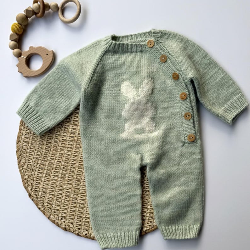 Handmade Newborn Knit Set – Romper, Bonnet & Socks | Bunny Motif Baby Winter Outfit