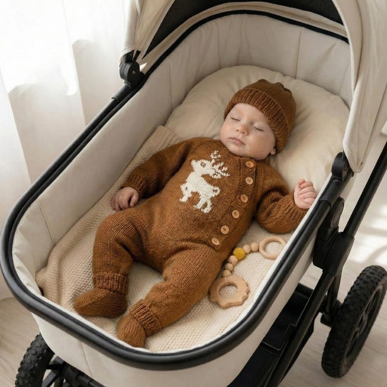 Handmade Brown Knit Baby Romper Set – Deer Winter Outfit with Hat & Booties | BebekCozy Newborn Knitwear