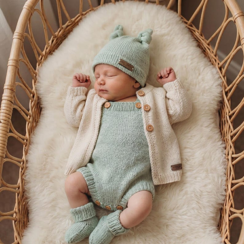 Handmade Knitting Baby Set – Cardigan Romper Hat & Booties | Newborn Baby Shower Gift Outfit